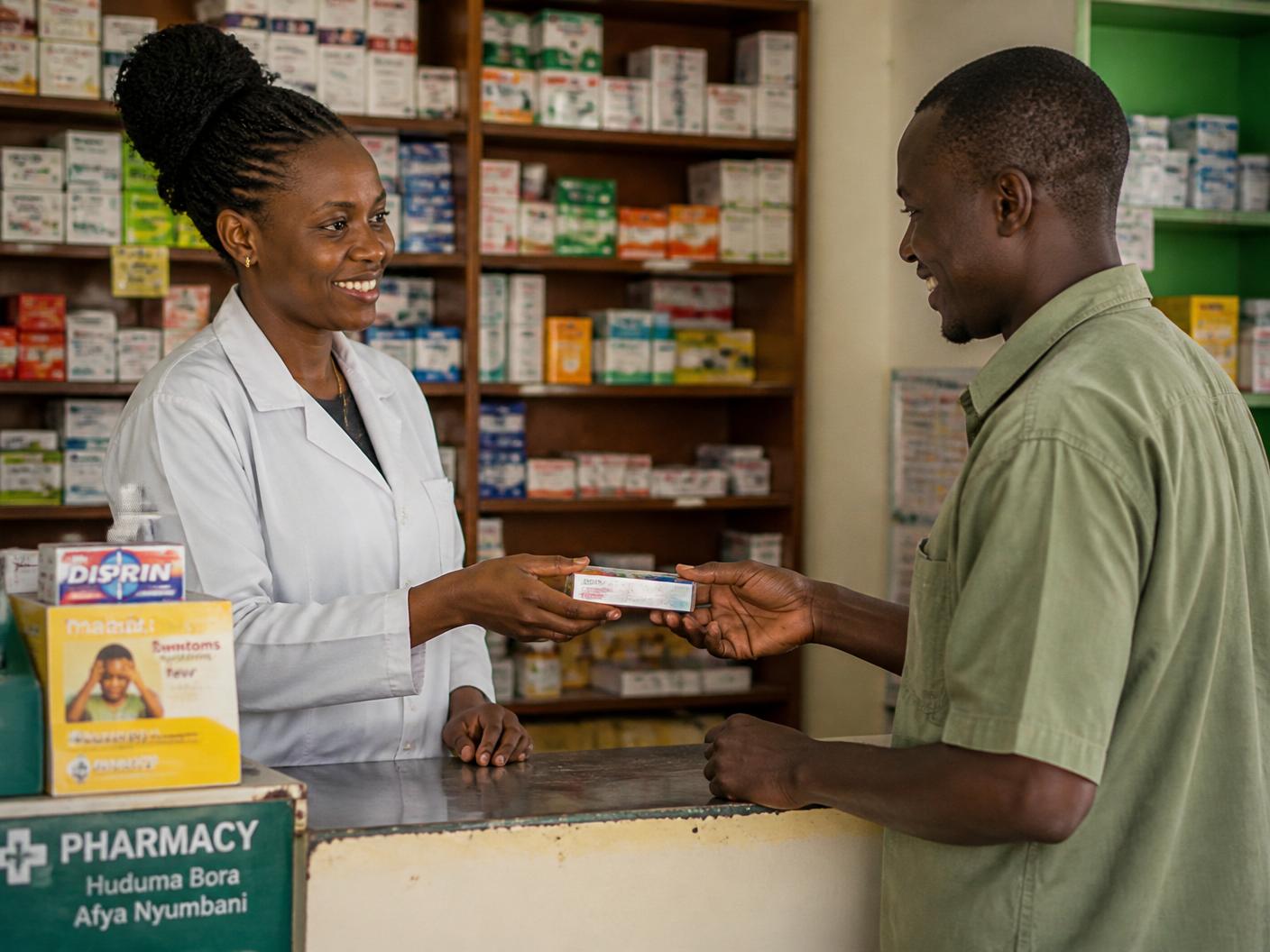Un pharmacien remet des médicaments à un patient